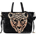 Fashion Ladies' PU Handbag, Black Bag Decorated with Animal Pattern Palette Aluminum